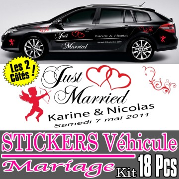 Stickers Mariage Voiture (Kit 2 cotés complet 18 Pcs)