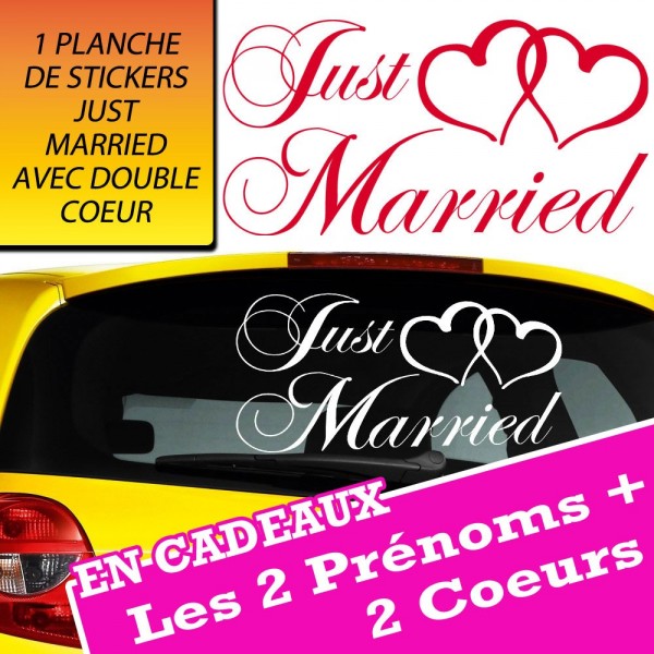 Stickers Just Married avec Double Coeur ·.¸¸ FRANCE STICKERS ¸¸.·