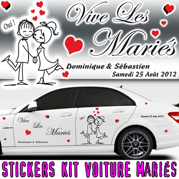 Sticker Voiture Mariage avec Personnages (Kit 2 cotés) ·.¸¸ FRANCE